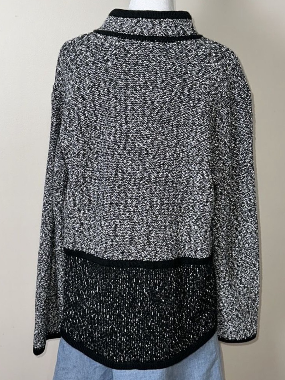 KL XL Two Tone Marbled Black White Boucle Cotton Blend Knit Button Front Jacket - Picture 2 of 15